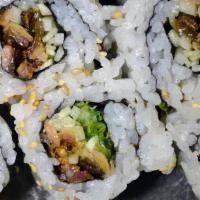 Eel Cucumber Roll · smoked eel and cucumber inside. topped with eel sauce.
(6 pieces per order.)