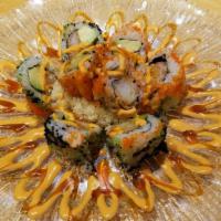 Fire Cracker Roll · Tempura crabstick, shrimp, avocado inside,  topped with caviar, spicy mayo and eel sauce.
(8...
