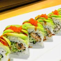 Dragon Roll · eel and cucumber inside, topped with avocado, eel sauce and fish eggs.
(8 pieces per order.)