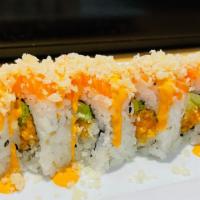 Salmon Lover Roll · Crunchy spicy salmon, avocado inside, topped with salmon, spicy mayo sauce and crunchy flake...