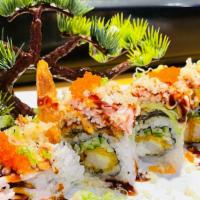 Tokyo Crunchy Dragon Roll · Shrimp tempura, cucumber inside, topped with smoked eel, avocado, crabmeat with mayo, tobiko...