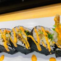 Spider Roll · Soft shell crab tempura, seaweed, cucumber, fish egg inside, topped with spicy mayo sauce.
(...