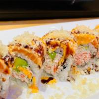Seared Salmon Roll · Crabmeat with mayo avocado ,Topped with  Seared salmon crunchy  spicy mayo and teriyaki sauc...
