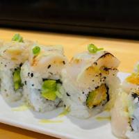Md Maki · Shrimp tempura, avocado inside, topped  with seared scallop, green onion, wasabi mayo.
(8 pi...
