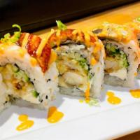 Queen Dragon Roll · Real lobster tail, cream cheese, cucumber inside, topped with eel, shrimp, green onion & spi...