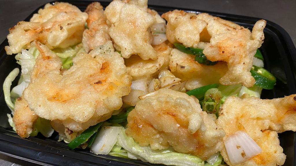 Salt And Pepper Jumbo Shrimp · Crispy jumbo shrimp sauteed in salt, pepper and jalapeno.  Add extra proteins for an additional charge.