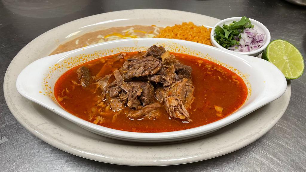 Birria · A slow-food recipe featuring beef meat which is cooked in a chili and spices broth to make a delicious sauce.