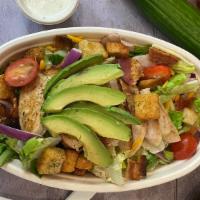 Grilled Chicken Club · Grilled chicken, Romaine, Leafy Greens, Tomato, Purple Onion, Cucumber, Croutons, Avocado, B...