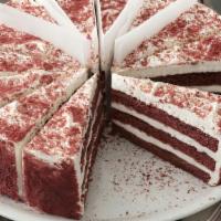 Red Velvet Cake · A red hued chocolate layer cake, filled and iced wtih a smooth cream cheese frosting, finish...