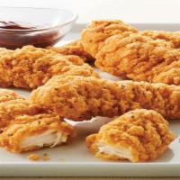 Chicken Strips · Crispy tenders served with side of honey mustard, ranch, BBQ sauce or blue cheese.