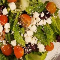 Mediterranean Salad · Romaine Lettuce, Cherry Tomatoes, Kalamata Olives, Oregano, Feta Cheese