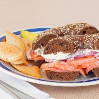 Nova Lox & Cream Cheese · Smoked Salmon with cream cheese, onions, tomato, and capers. Served on your choice of bagel.