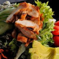 Cobb Salad · Spring mix lettuce topped with grilled chicken, bacon, egg, tomato, avocado, cucumber and bl...