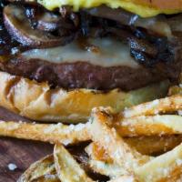 Swiss Cheese Burger · Loaded with grilled mushroom and onion. One juicy patty.
