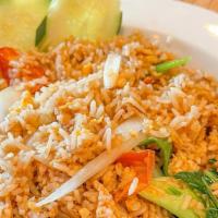 Siam Fried Rice · Stir fried jasmine rice, onions, scallions, tomatoes, Chinese broccoli and egg with special ...