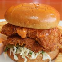 Fnr Nashville Hot Sandwich · 2 Pcs Fried chicken breast, spicy mayo, spicy slaw, and pickles.