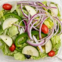Garden Salad · Lettuce, tomato, olives, onion, cucumber, pepperoncini.