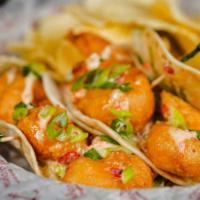 Boom Bang Shrimp Tacos · Crispy fried shrimp, Mango Pico De Gallo, Scallions, Boom Bang Sauce