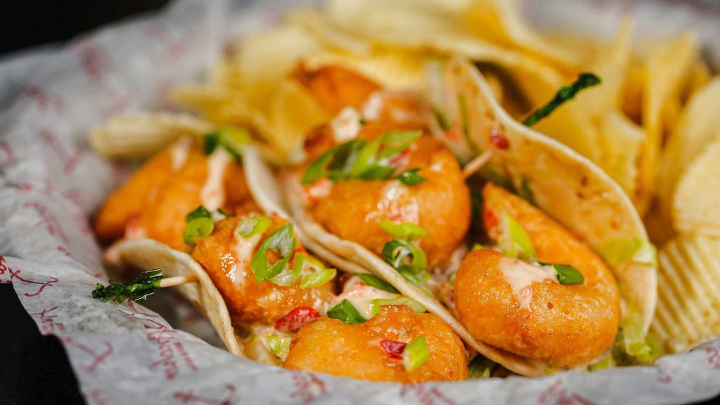 Boom Bang Shrimp Tacos · Crispy fried shrimp, Mango Pico De Gallo, Scallions, Boom Bang Sauce