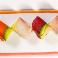 Rainbow Roll  · Kani, cucumber & avocado topped with tuna, salmon, white fish and avocado.