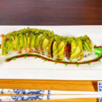 Green Caterpillar Roll  · Spicy tuna inside, topped with avocado and tobiko.