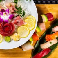 Sushi & Sashimi Dinner · 5 pcs sushi, 10 pcs sashimi and rainbow roll.