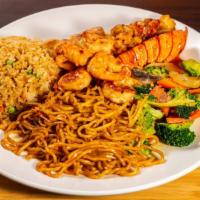Hibachi Seafood Deluxe · Includes one piece lobster, scallops and shrimp.