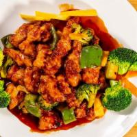 Orange Chicken (Spicy) · Deep-fried white meat chicken, broccoli zucchini and peppers with chef's special sauce.