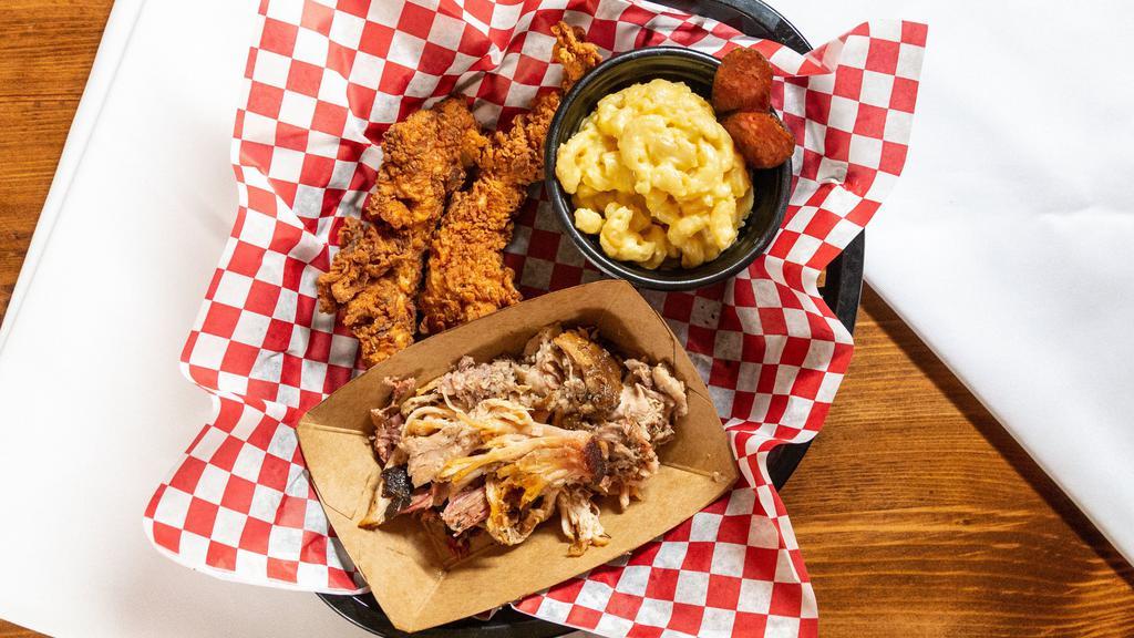 (A) Combo · Two chicken fingers, 1/4 lb pulled pork & one side.