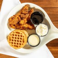 Chicken N’ Waffles · Waffles, four chicken fingers, gravy & syrup.