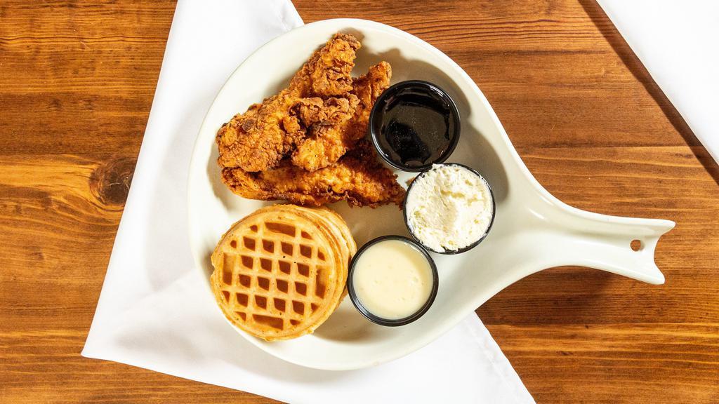 Chicken N’ Waffles · Waffles, four chicken fingers, gravy & syrup.