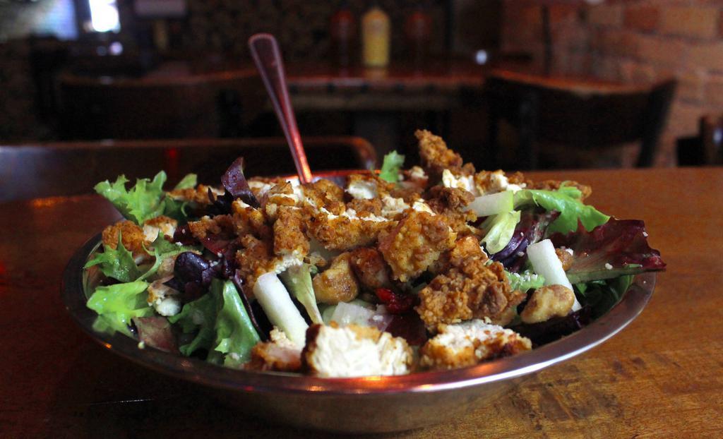 Free Range Salad · Mixed greens, apples, dried cranberries, candied walnuts, with sesame seeds, gorgonzola cheese & country vinaigrette with fresh buttermilk infused fried chicken finger, smoked chicken, or pulled pork.