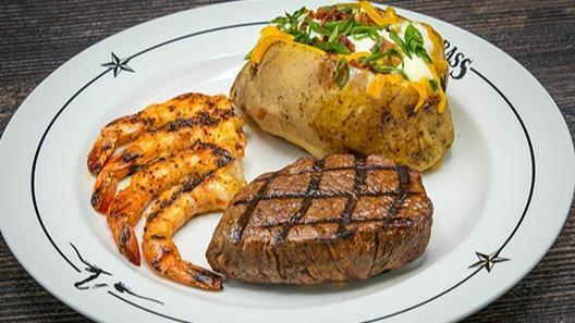 Gulf Coast Steak & Shrimp · Center-cut top sirloin with grilled or fried shrimp. Include choice of fried shrimp or grilled shrimp. Served with a side & your choice of dinner Caesar salad, dinner salad (with a choice of honey-mustard, chunky bleu cheese, ranch, Thousand Island or balsamic vinaigrette), or upgrade to a wedge salad.