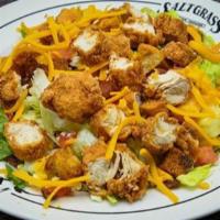 Hill Country Salad · Fried chicken, Cheddar cheese, bacon, eggs, croutons, tomatoes.