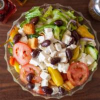 Greek Salad · Lettuce, tomatoes, cucumbers, red onions, green peppers, pepperoncini peppers, olives and fe...