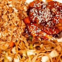Sesame Chicken · Served with egg roll, fried rice or white rice.