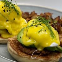 Eggs Benedict · Poached eggs on an English muffin with hollandaise.