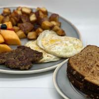 All The Way Platter · 2 eggs, choice of meat, fruit, home fries, and toast