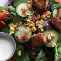 Farmhouse Salad · mixed greens / cucumber / cherry tomato / corn salsa / Parmesan croutons / ranch