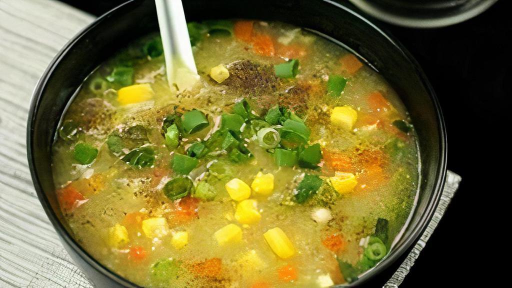 Corn Soup · An Indo Chinese style soup made with mixed veggies, sweet corn kernels & pepper