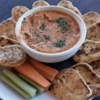 Roasted Red Pepper Hummus · Vegan. A mix of chickpeas and roasted red peppers served with warm naan dippers, celery and ...