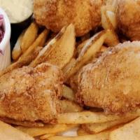 Fried Fish & Chips · Fresh cod, battered and fried in-house, served with fries, red cabbage slaw and tartar sauce.