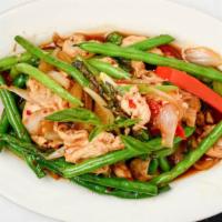 Spicy Basil (Ka Pow) · Spicy. Stir-fried chili, garlic, onions, bell peppers, green beans, and basil leaves almond.