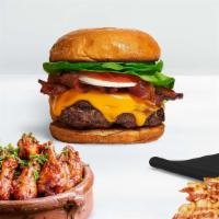 Cheddar & Strips · American beef patty topped with melted cheddar cheese, bacon, lettuce, tomato, onion, and pi...