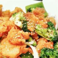 Thai Chili Sesame Chicken · Crispy deep fried chicken, stir fried in a sweet Thai chili style sauce, with green bell pep...