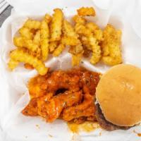 Cheeseburger Trio · Cheeseburger, fries, 5 wings, and a drink