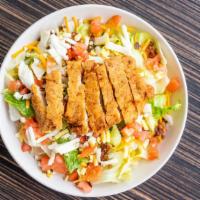 Crispy Chicken Salad · Fresh greens, chicken tenders, crispy bacon, tomato, egg, shredded cheddar cheese, and your ...