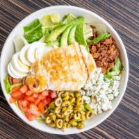 Cobb Salad (No Chicken) · Fresh greens, crispy bacon, tomato, egg, bleu cheese crumbles, green olives, avocado, and yo...