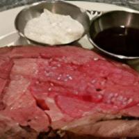 10 Ounce Prime Rib · Slow-roasted and deeply seasoned. Accompanied by áu jus and horseradish sauce. Served with m...