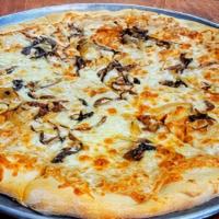 White Pizza · Hand tossed Dough with Roasted Garlic Puree, Mozzarella, and Caramelized Onions.